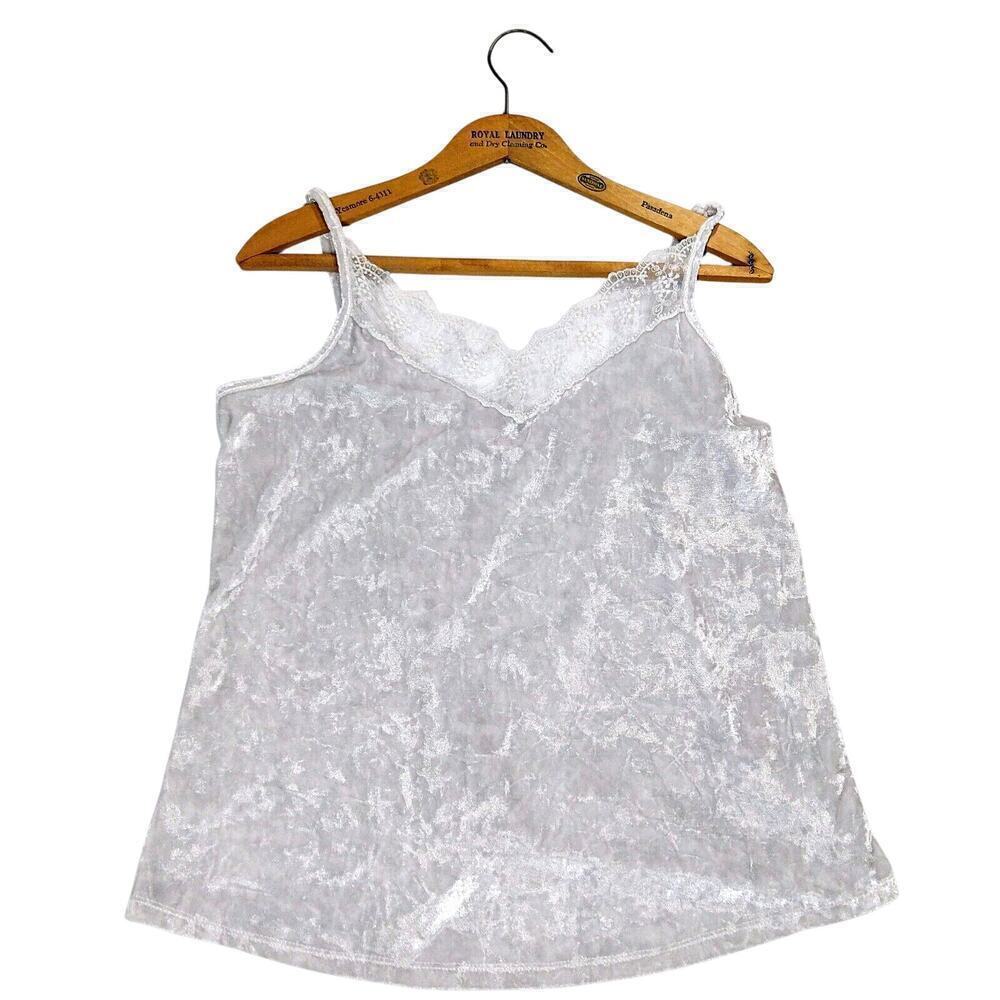 Vintage 2000s Crushed Velvet Going Out Top Size L Silver Cami Tank Top Lace